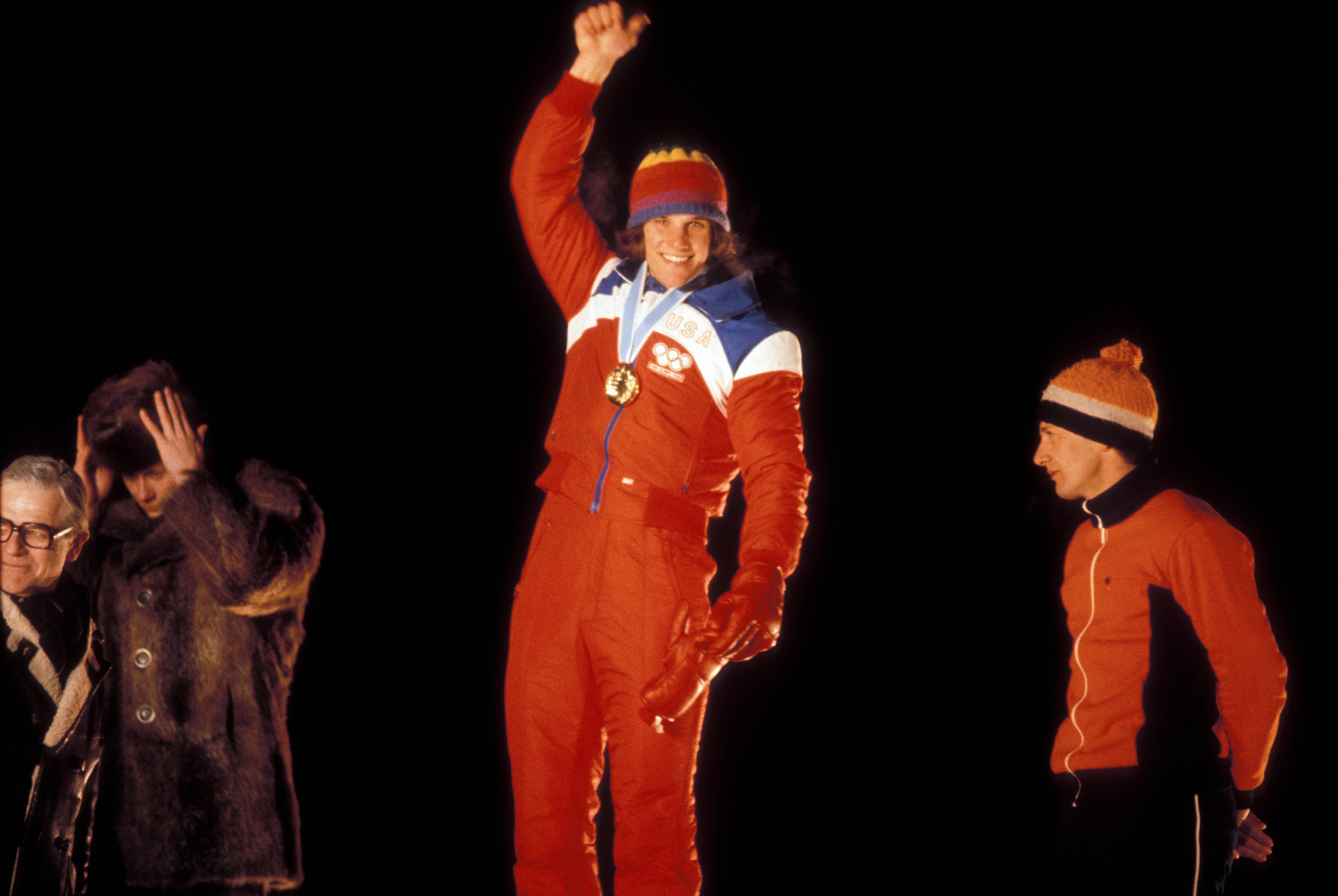Olympic champion Eric Heiden (center, USA) celebrates