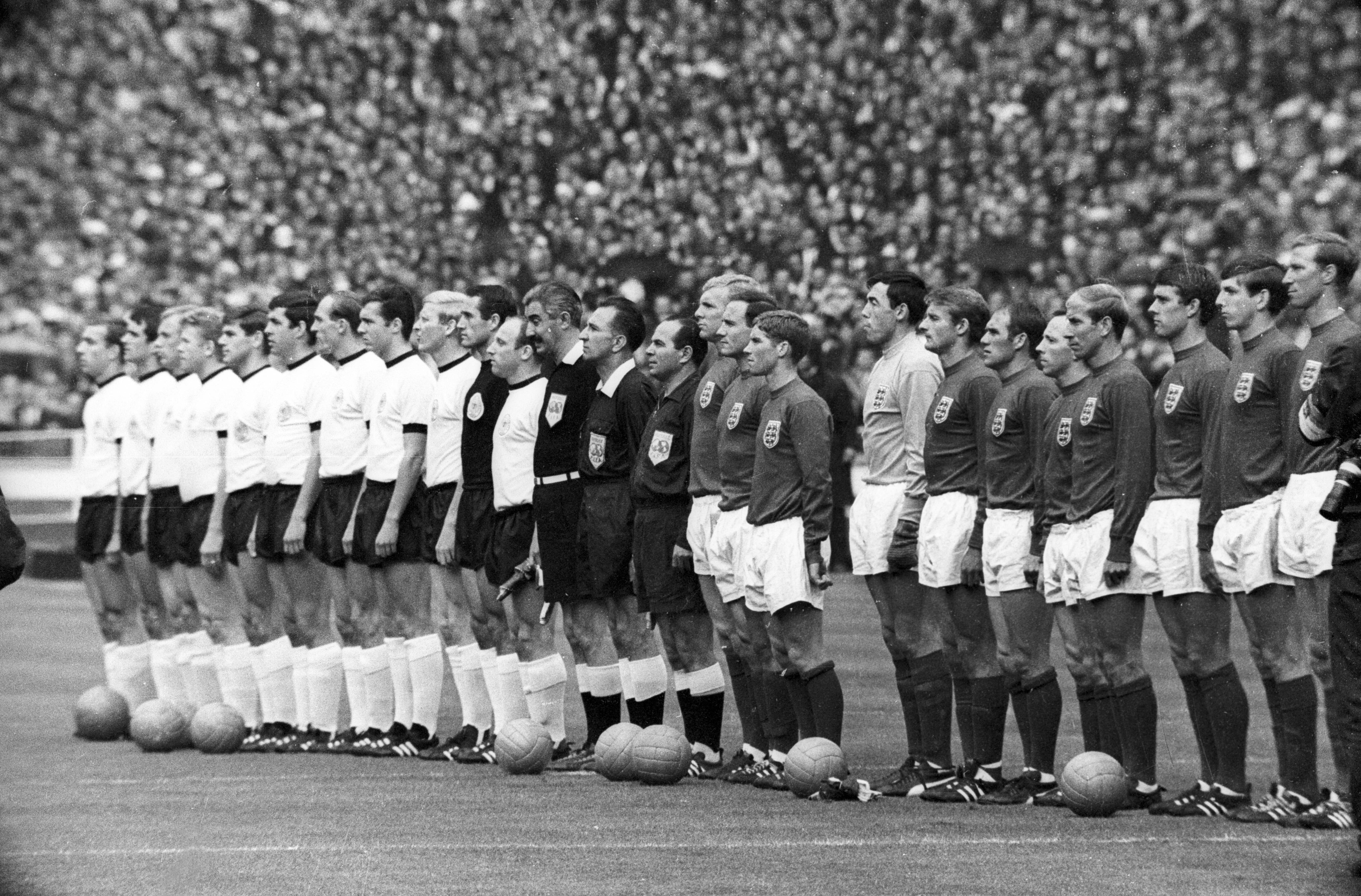 England and West Germany teams line up for introductions before the 1966 World Cup final at Wembley.
