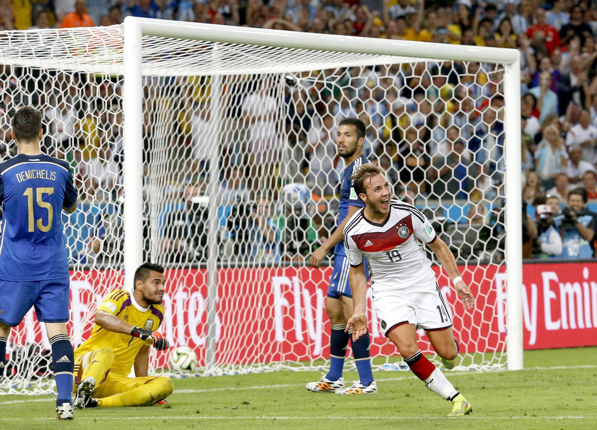 Mario Götze scores the winning goal for Germany against Argentina in the 2014 World Cup final.