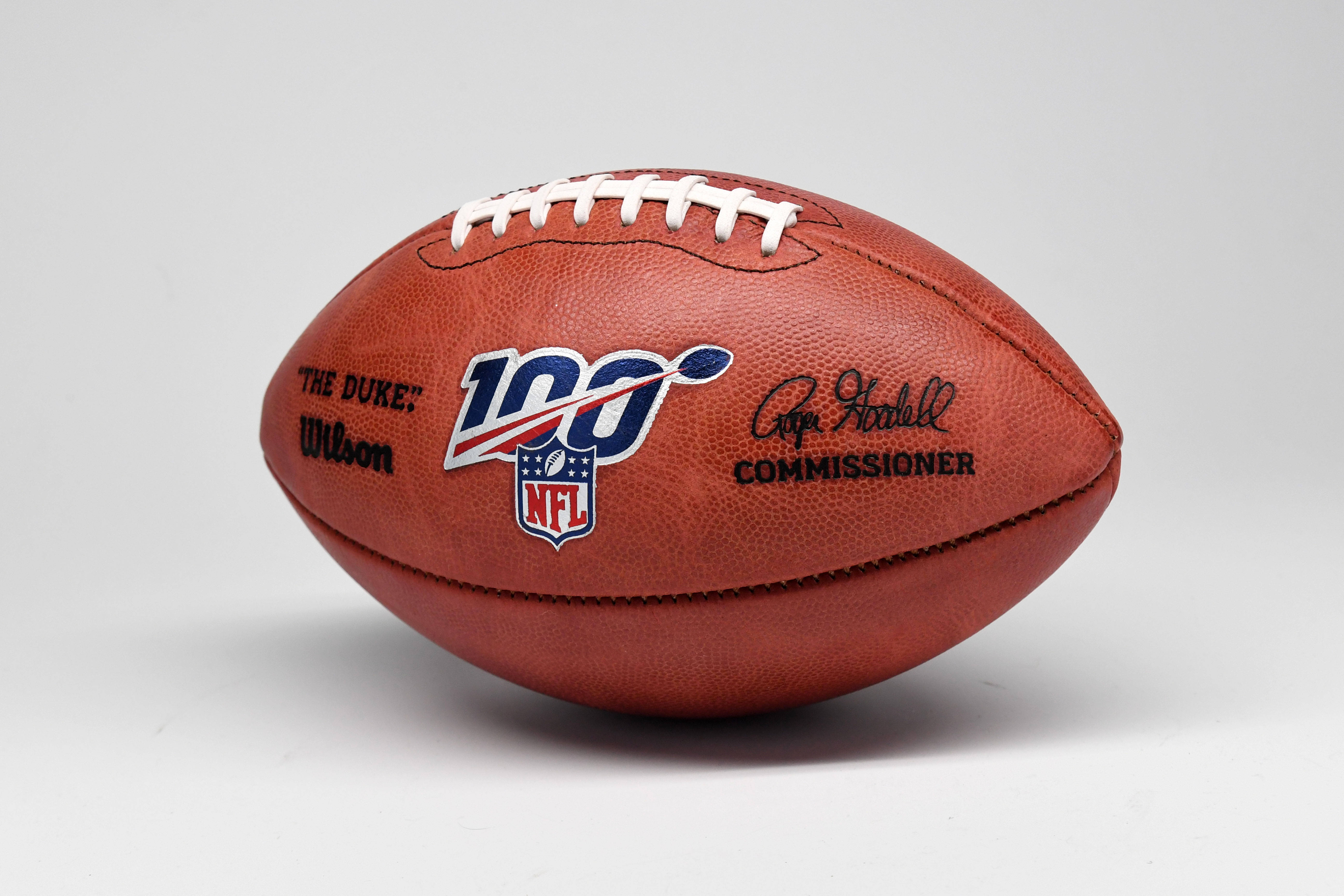 Close-up detail of a Wilson Duke NFL 100th anniversary football.